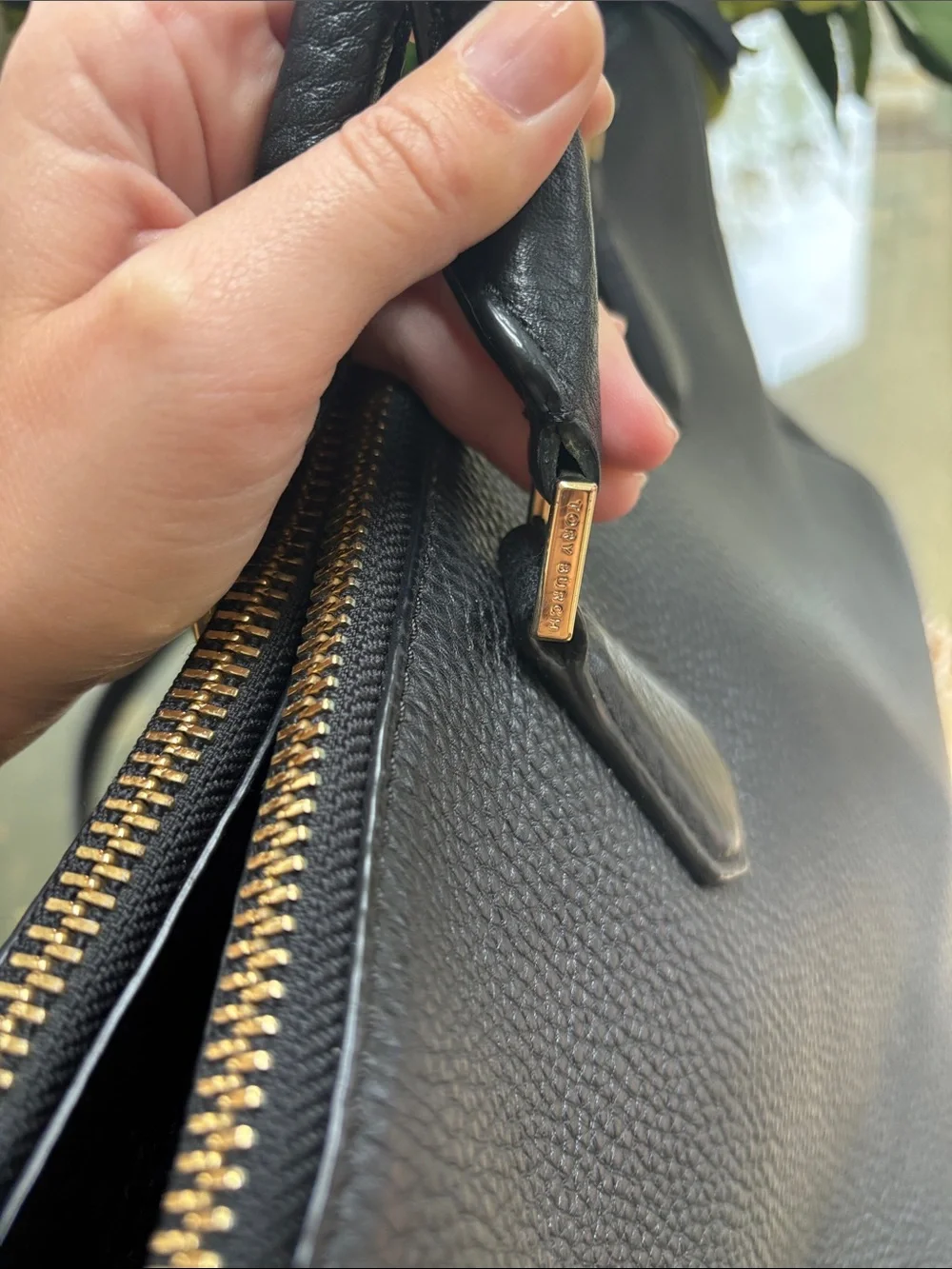 Tory Burch Robinson Double Zip Black Pebbled Leather Satchel Gold Hardware $575